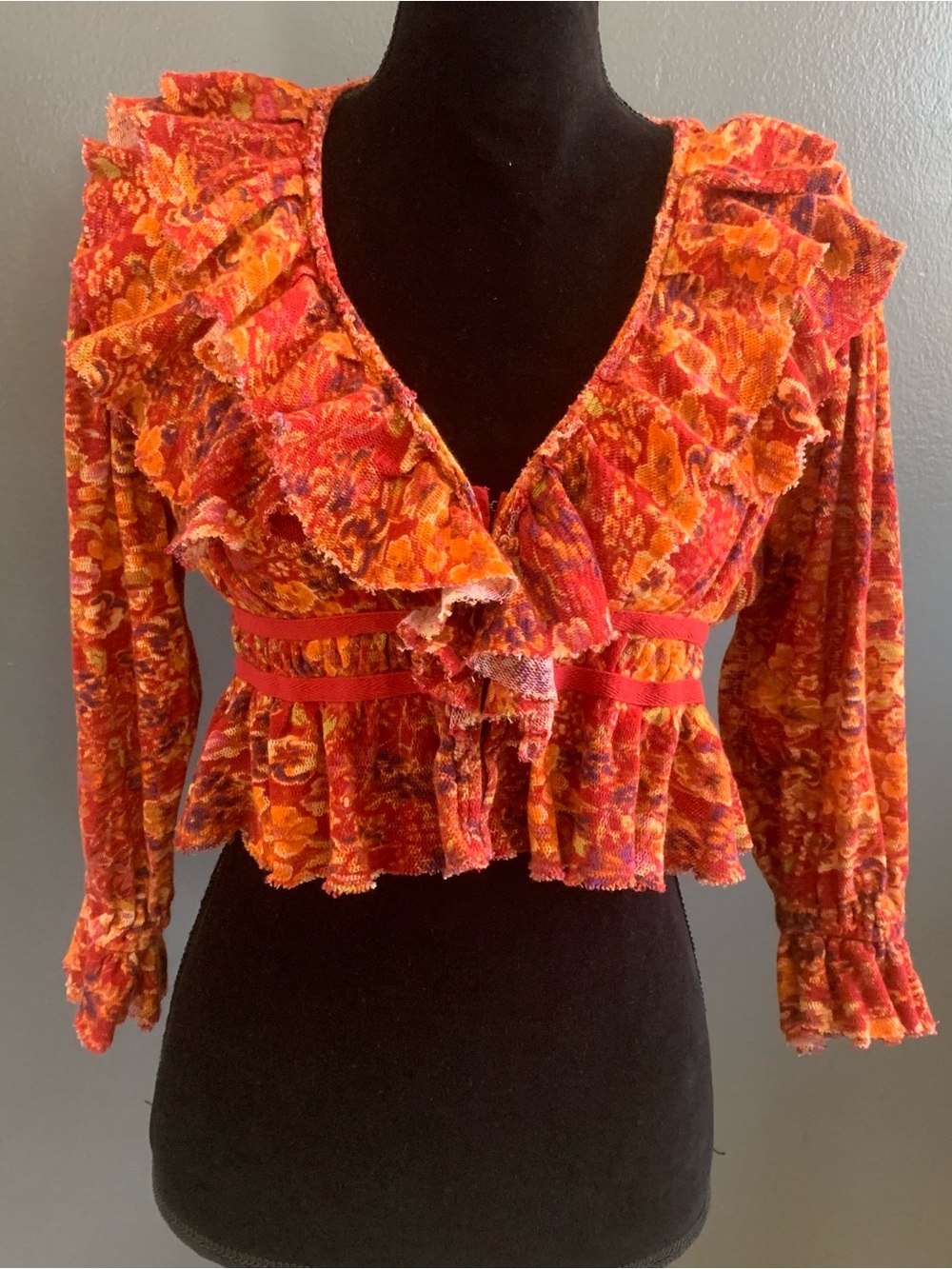 Free People Ruffled Velvet Floral Crop Top in Orange and Red